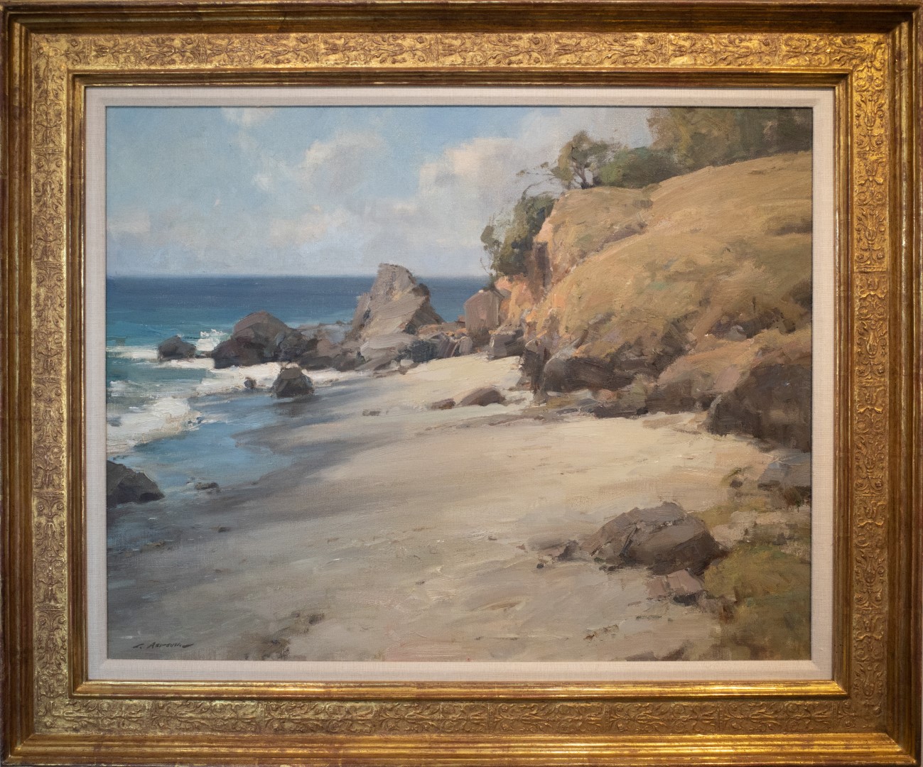 Clyde Aspevig Oil Painting of a rocky sea shore scene with a blue sky. Title: Between Land And Sea