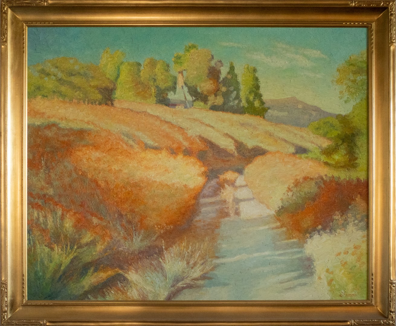 Ron Elstad Oil Painting of a back road landscape scene with a structure. Title: A Back Road Hide Away 