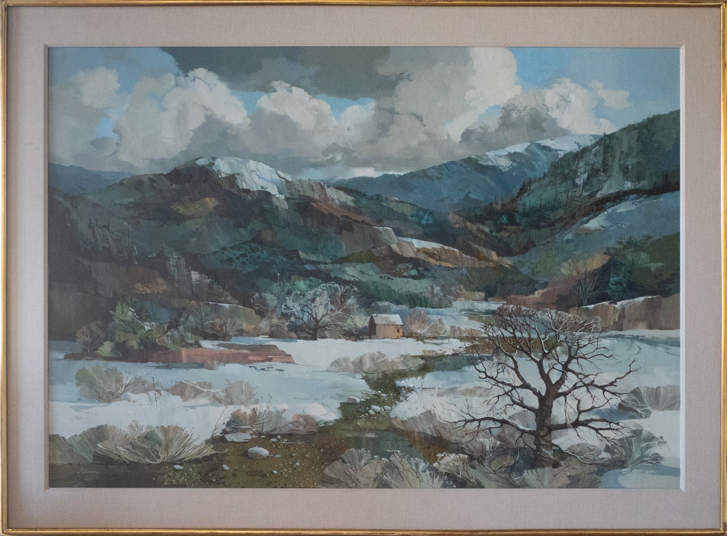 Laurence Sisson oil painting of a desert landscape during winter. Title: Pecos Retreat